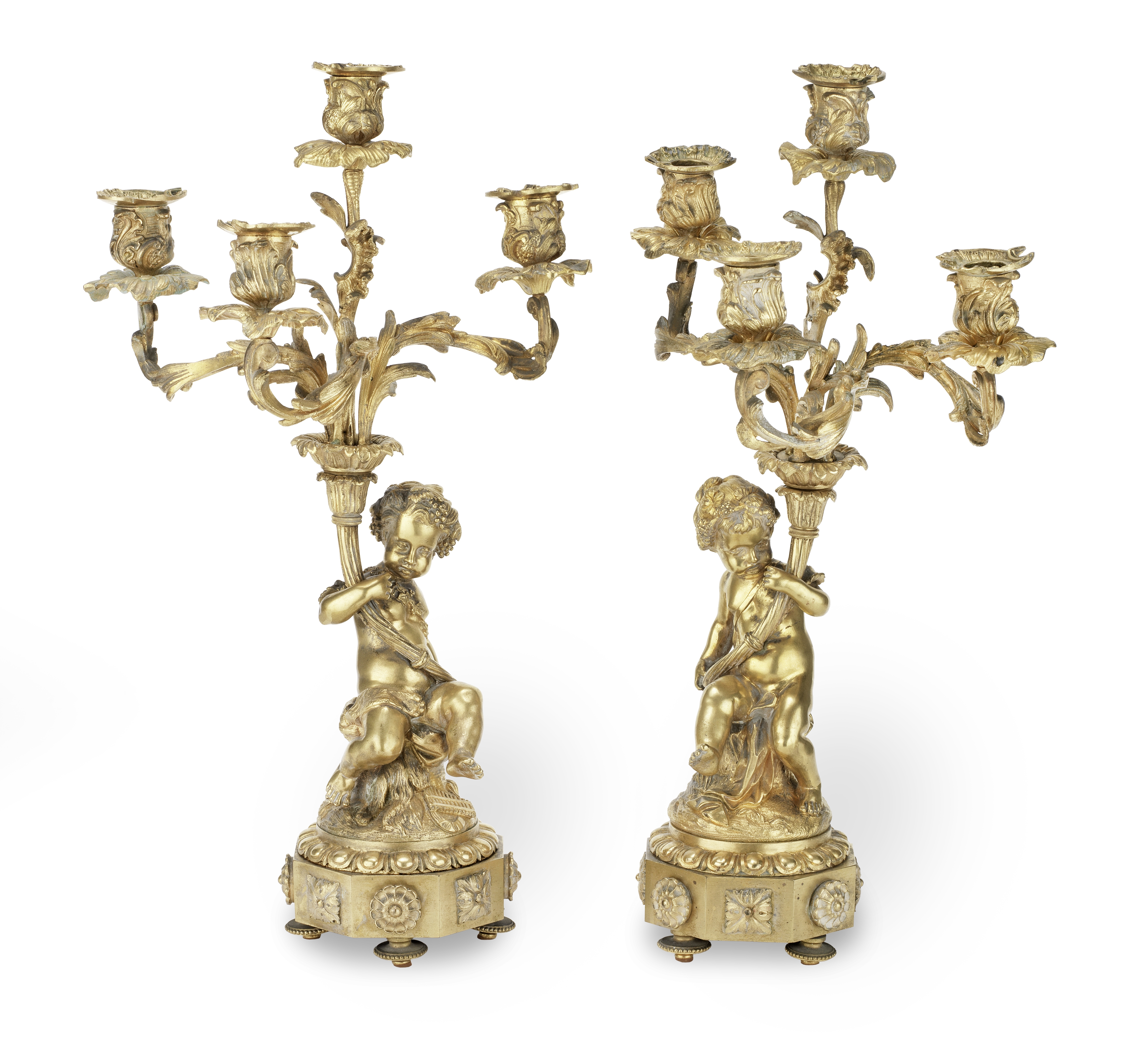 A pair of late 19th century French gilt bronze four light figural candelabra (2)