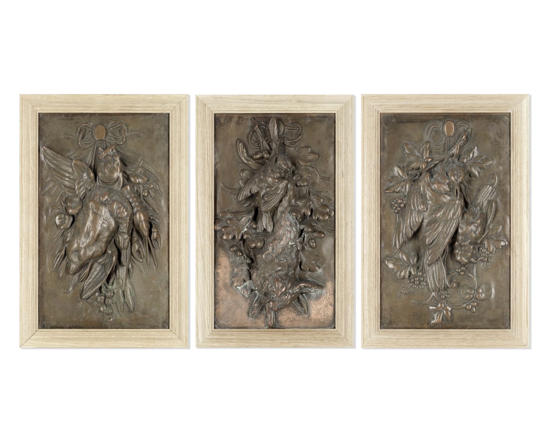 A near set of late 19th/early 20th century French bronzed copper repouss&#233; cast dead game rel...