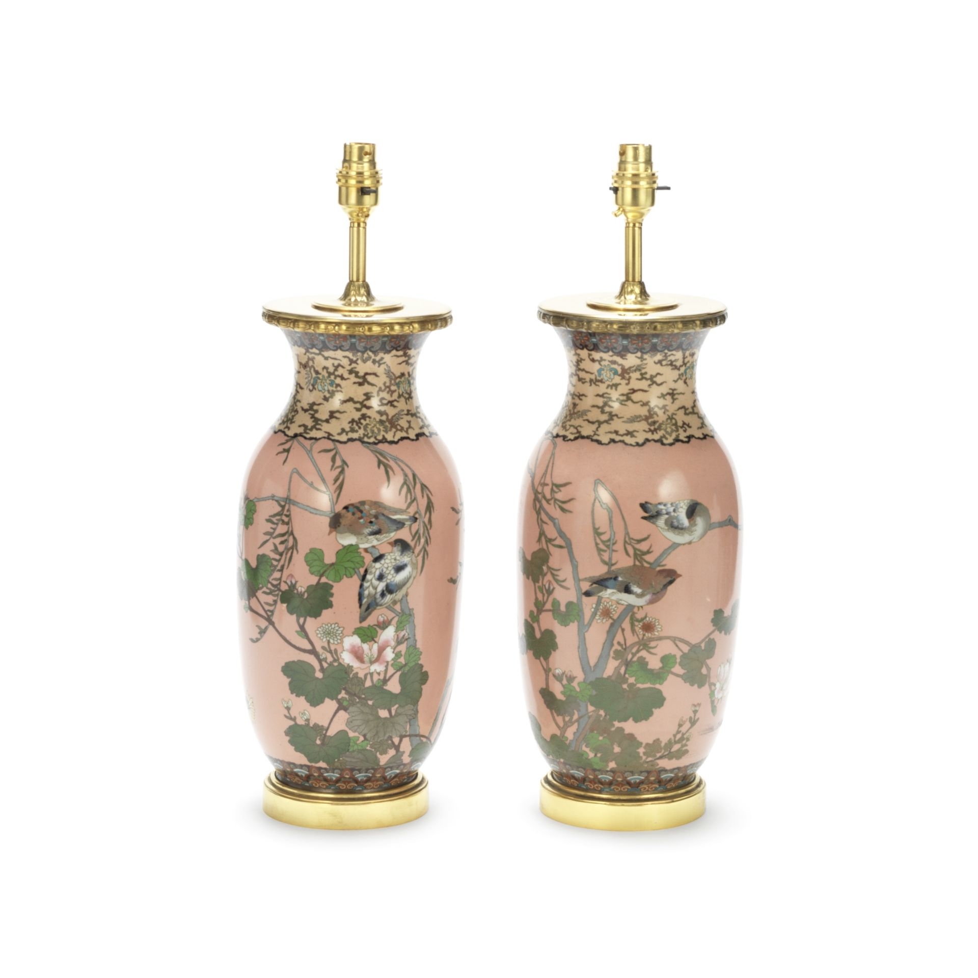 A pair of late 19th century / early 20th century Japanese pink ground cloisonn&#233; baluster vas...
