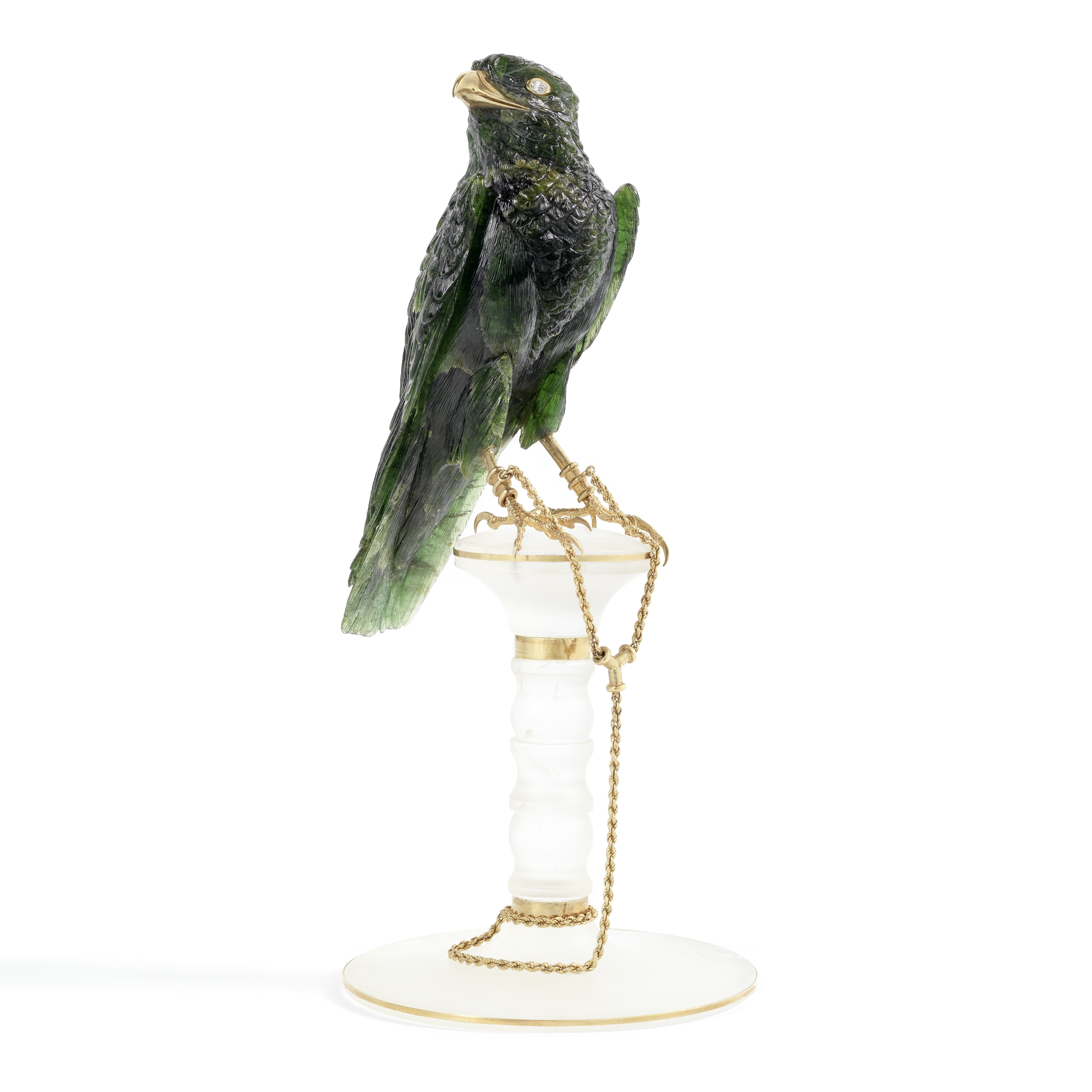 A late 20th century cased yellow metal and diamond set carved lapidary model of a tethered green ...