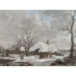 Dutch School, 19th Century Cottages in winter with figures collecting wood