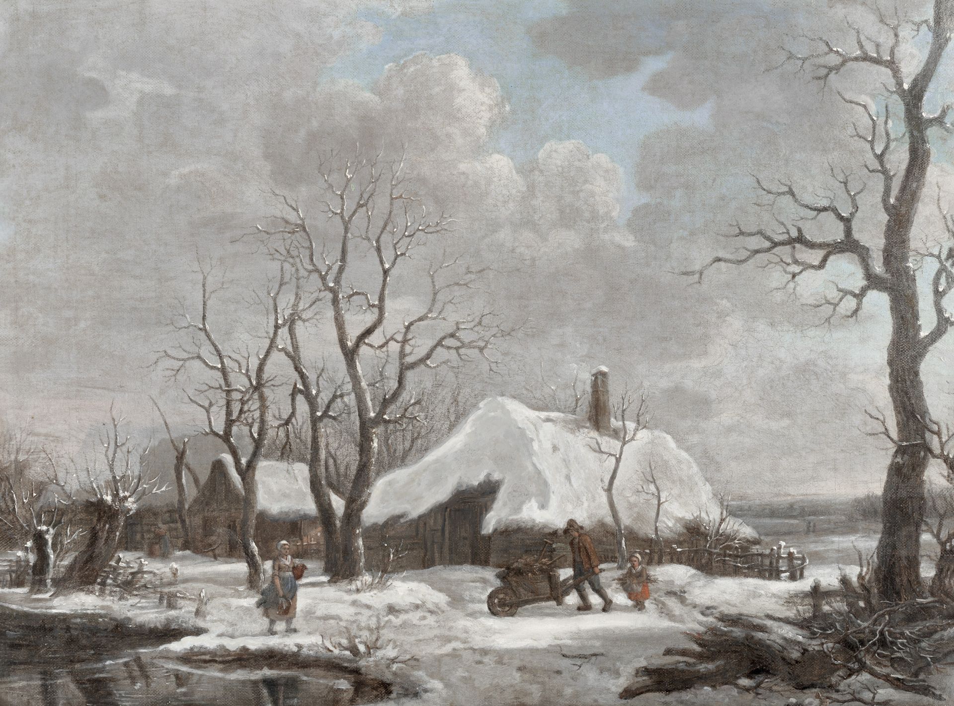 Dutch School, 19th Century Cottages in winter with figures collecting wood