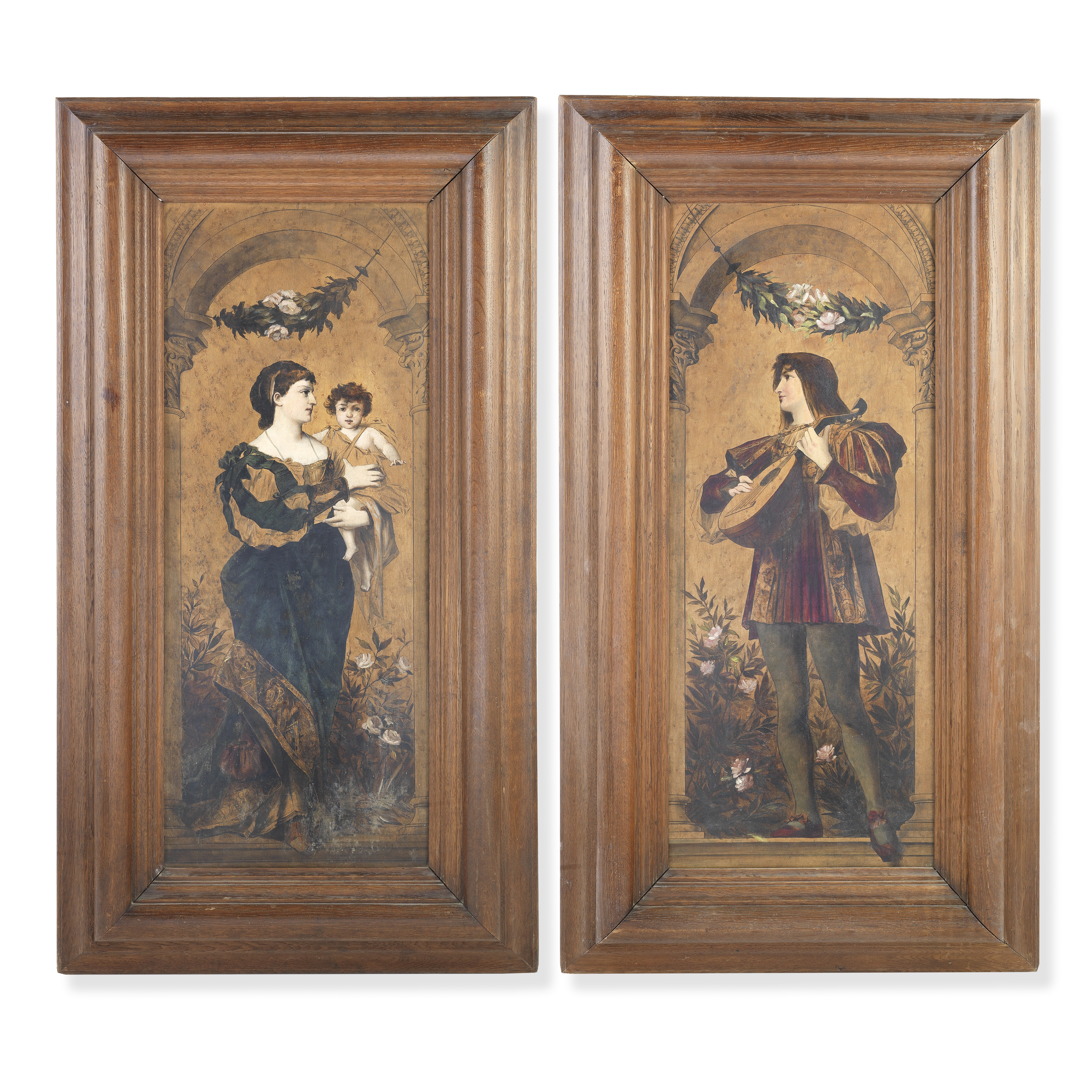 A pair of late 19th century Continental painted wood panels depicting a Renaissance style maiden ...