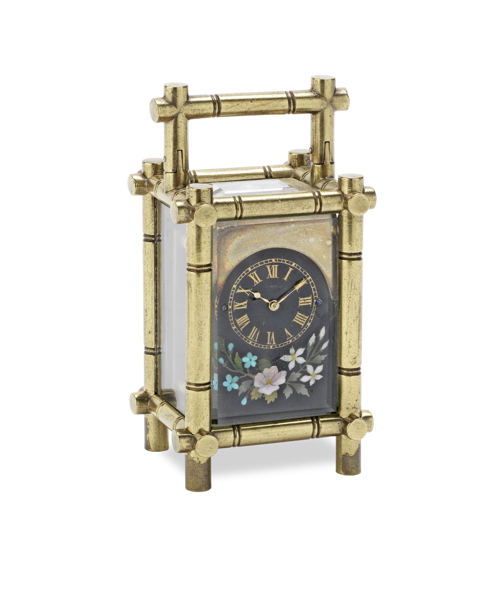 A late 19th century brass faux bamboo and pietre dure inset miniature carriage timepiece