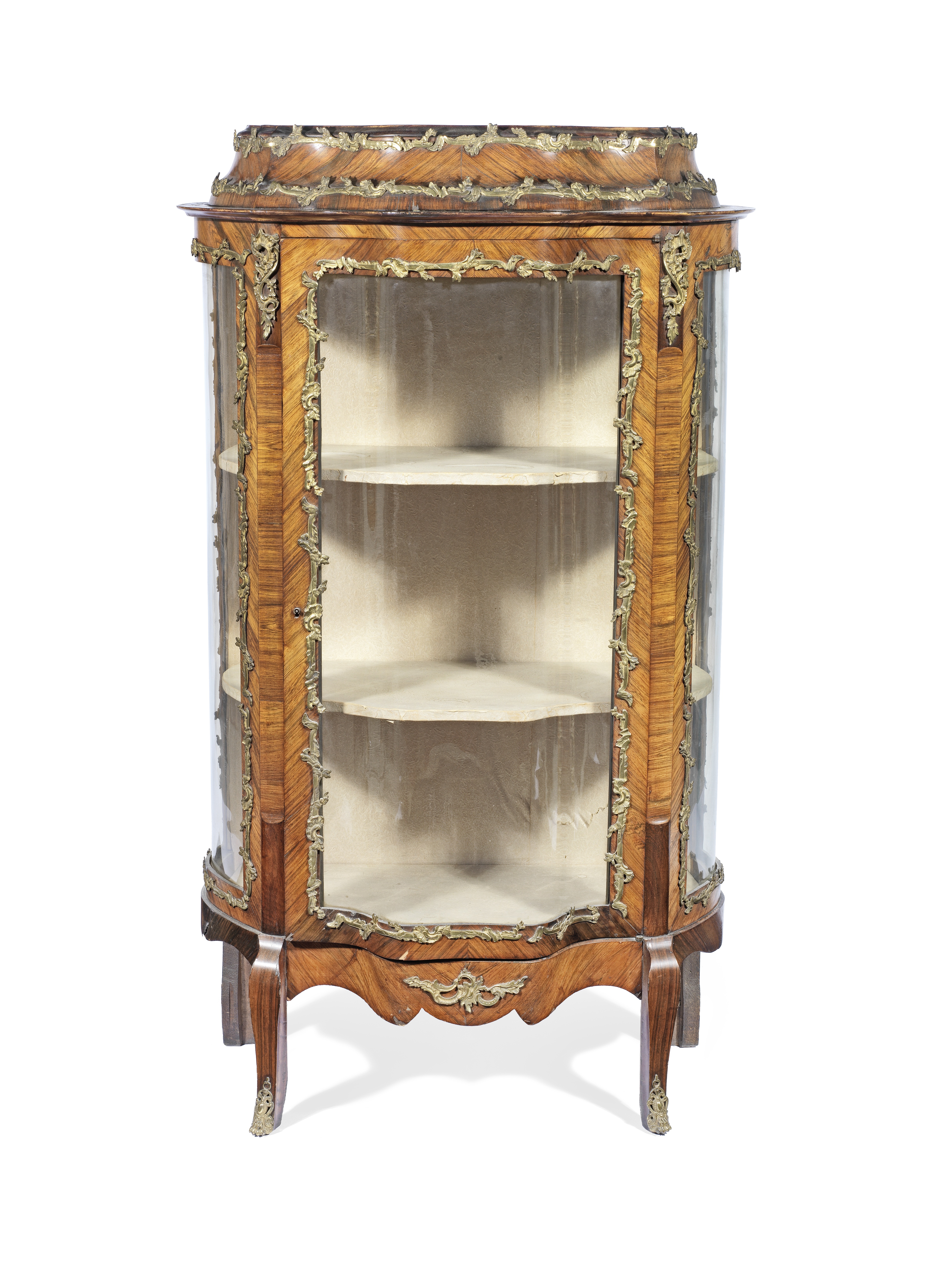 A French late 19th/early 20th century gilt brass mounted rosewood serpentine vitrine