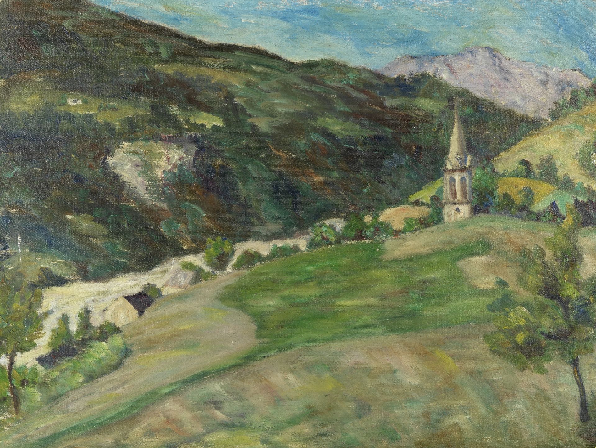 French School (20th century) Paysage de montagne &#224; l'eglise