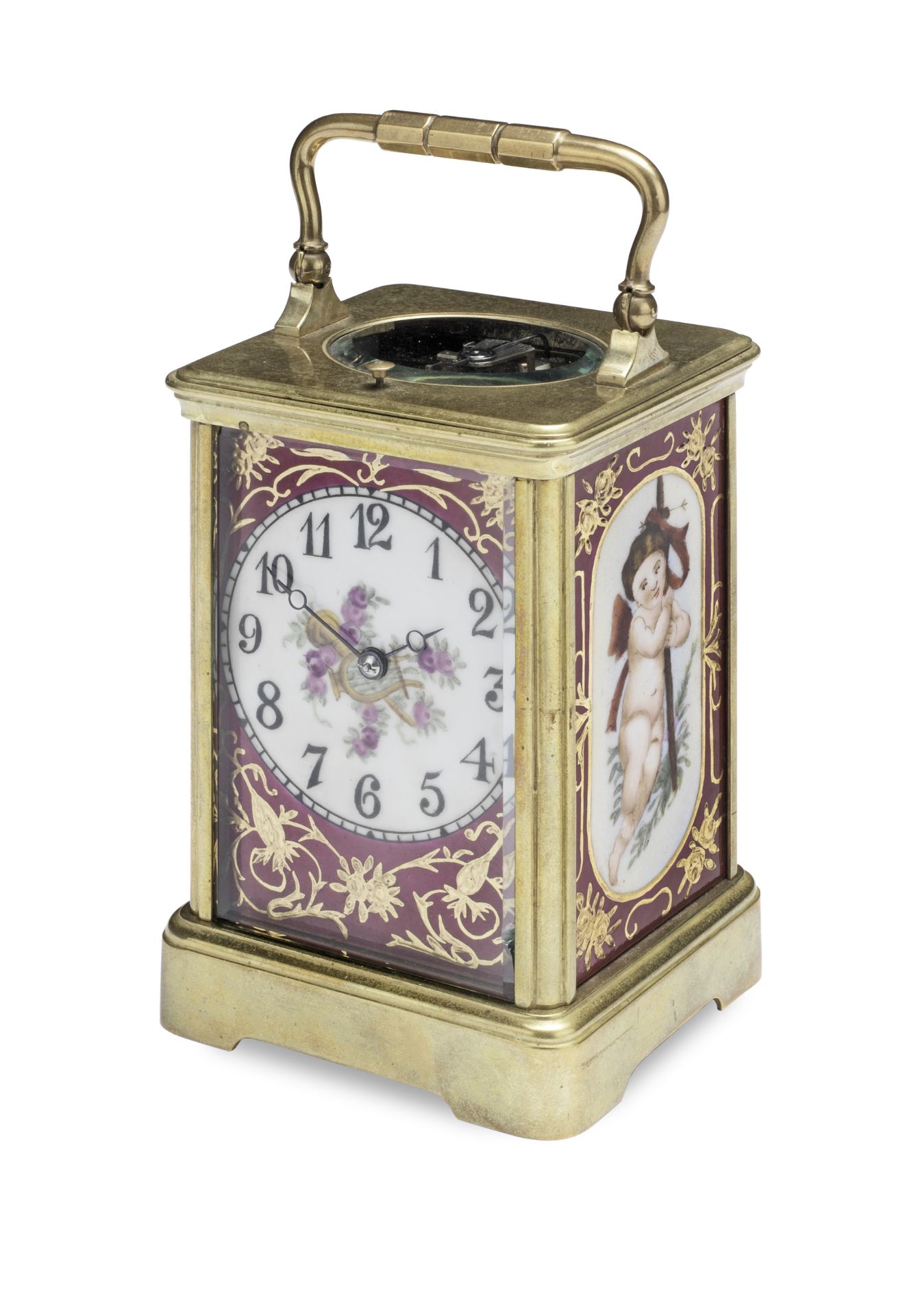 A porcelain panelled carriage clock the late 19th century movement stamped CET, the inset porcel...