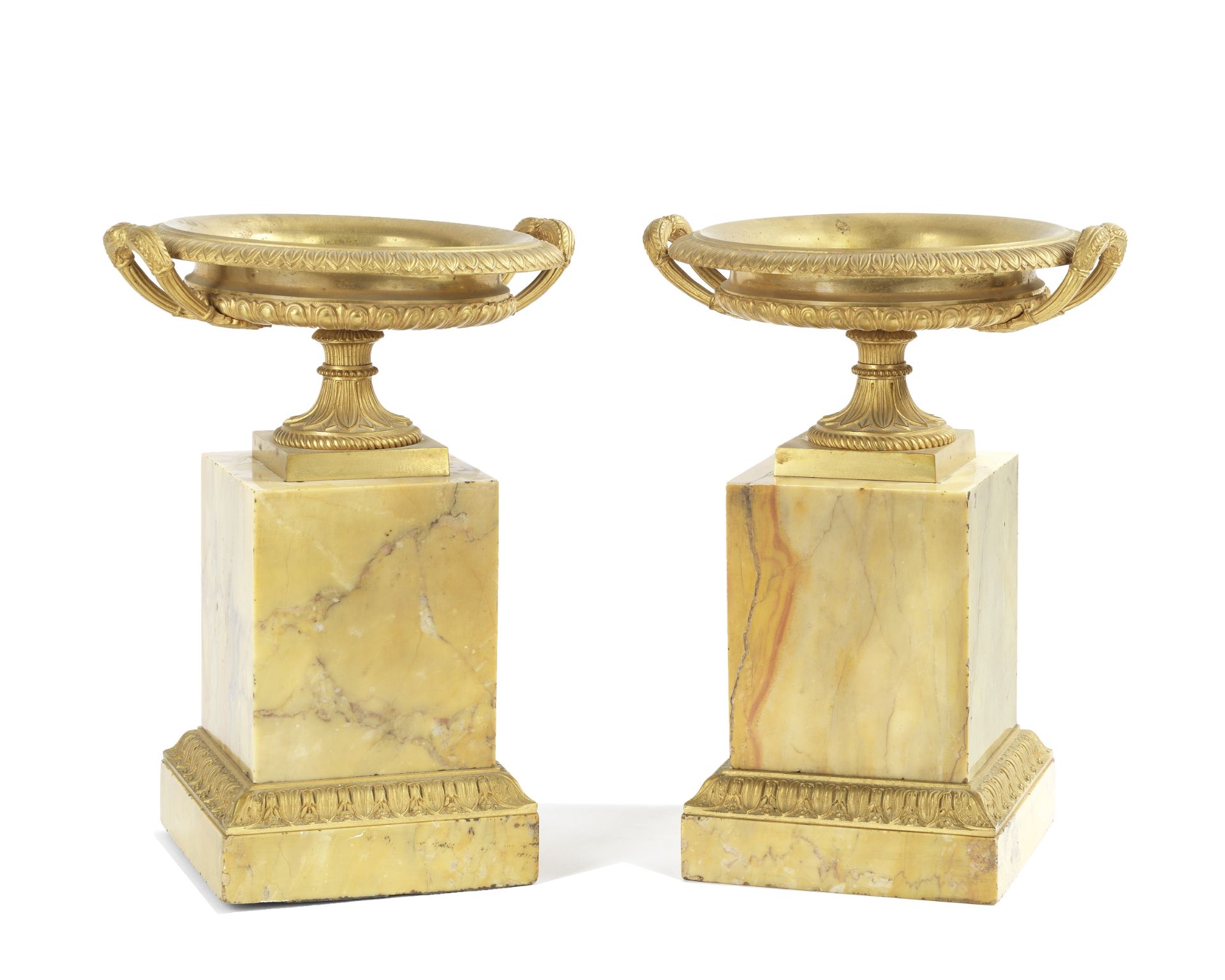 A pair of mid 19th century French gilt bronze and Siena marble garniture tazze (2)