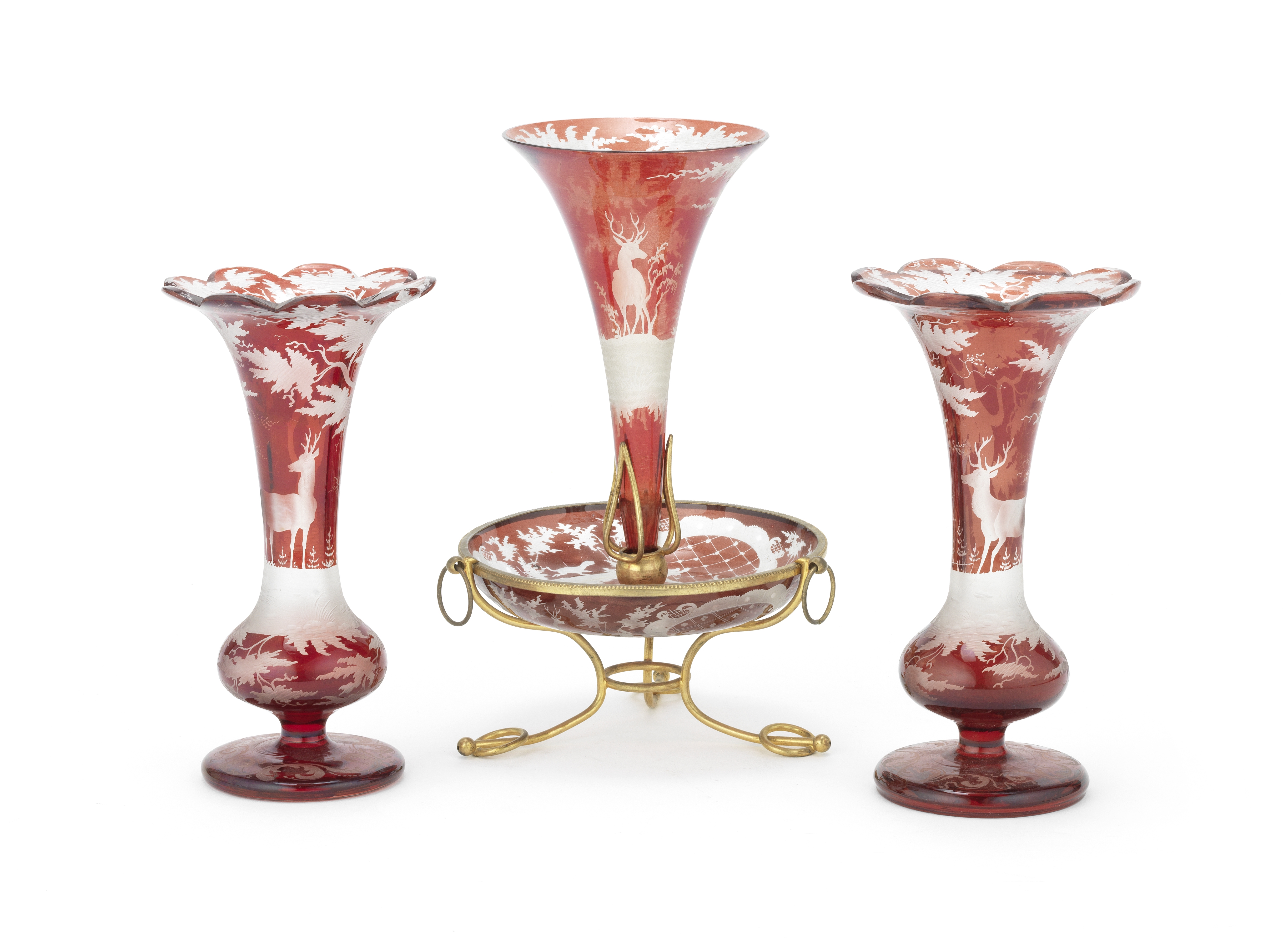 A gilt metal mounted Bohemian style red flashed and etched epergne vase together with a similar p...