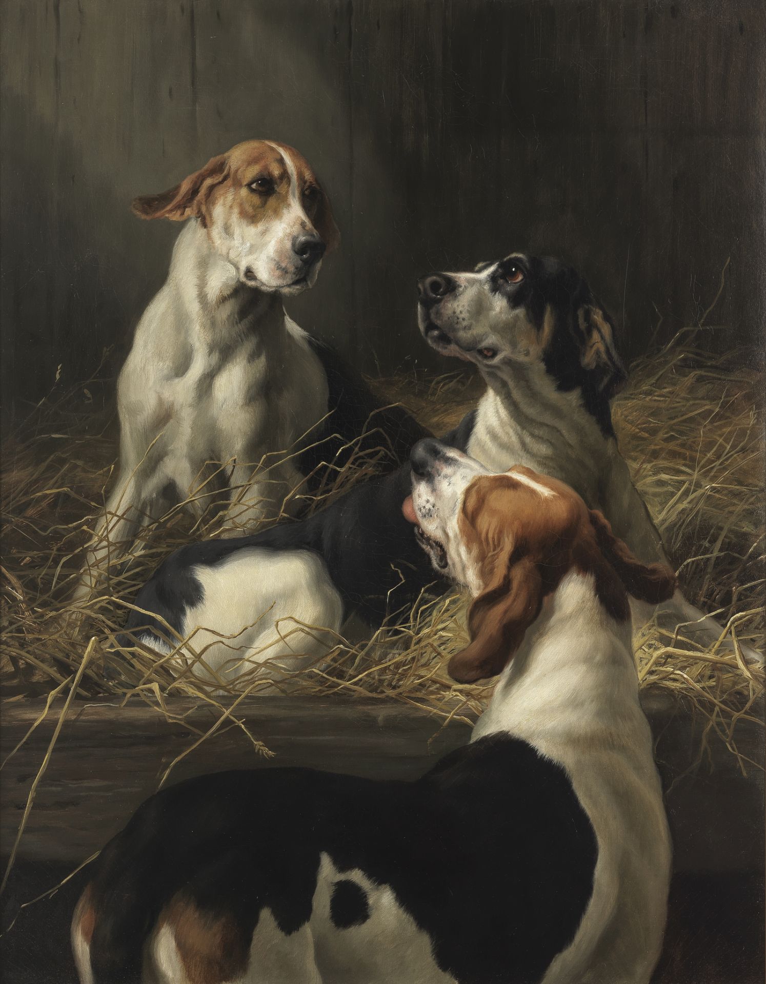 Maud Earl (British, 1863-1943) Three foxhounds in an interior