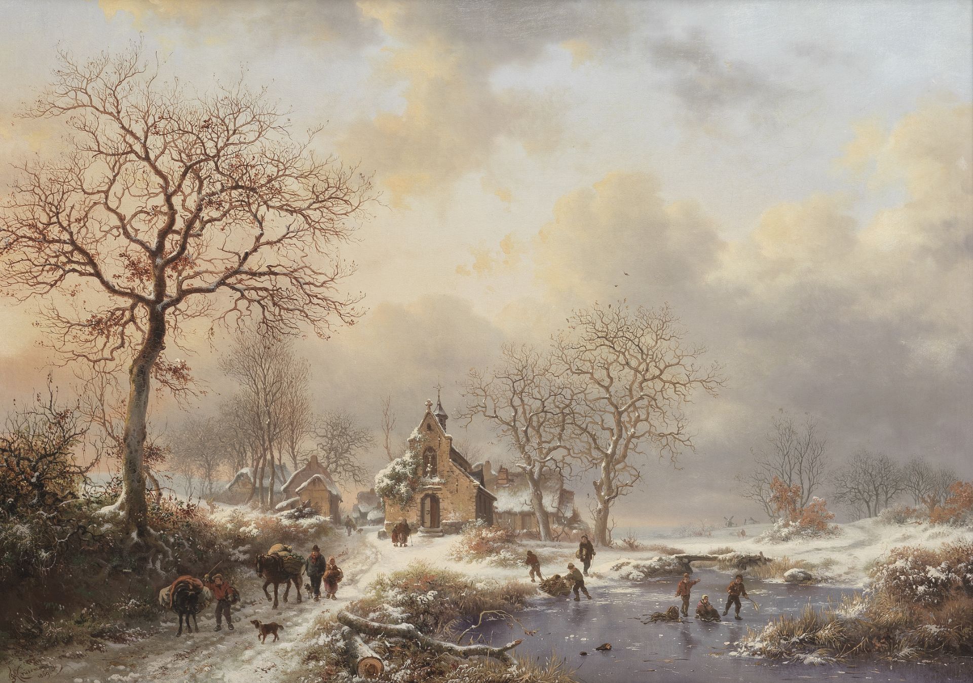 Fredrik Marinus Kruseman (Dutch, 1816-1882) Winter landscape with figures near the chapel 'Notre-...