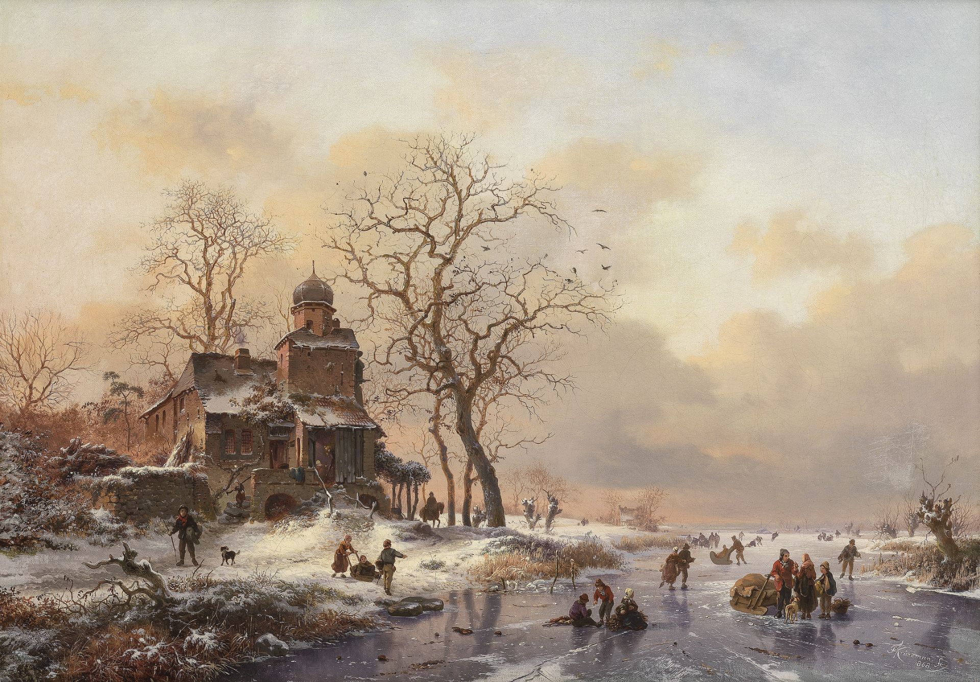 Fredrik Marinus Kruseman (Dutch, 1816-1882) Winter scene with figures skating