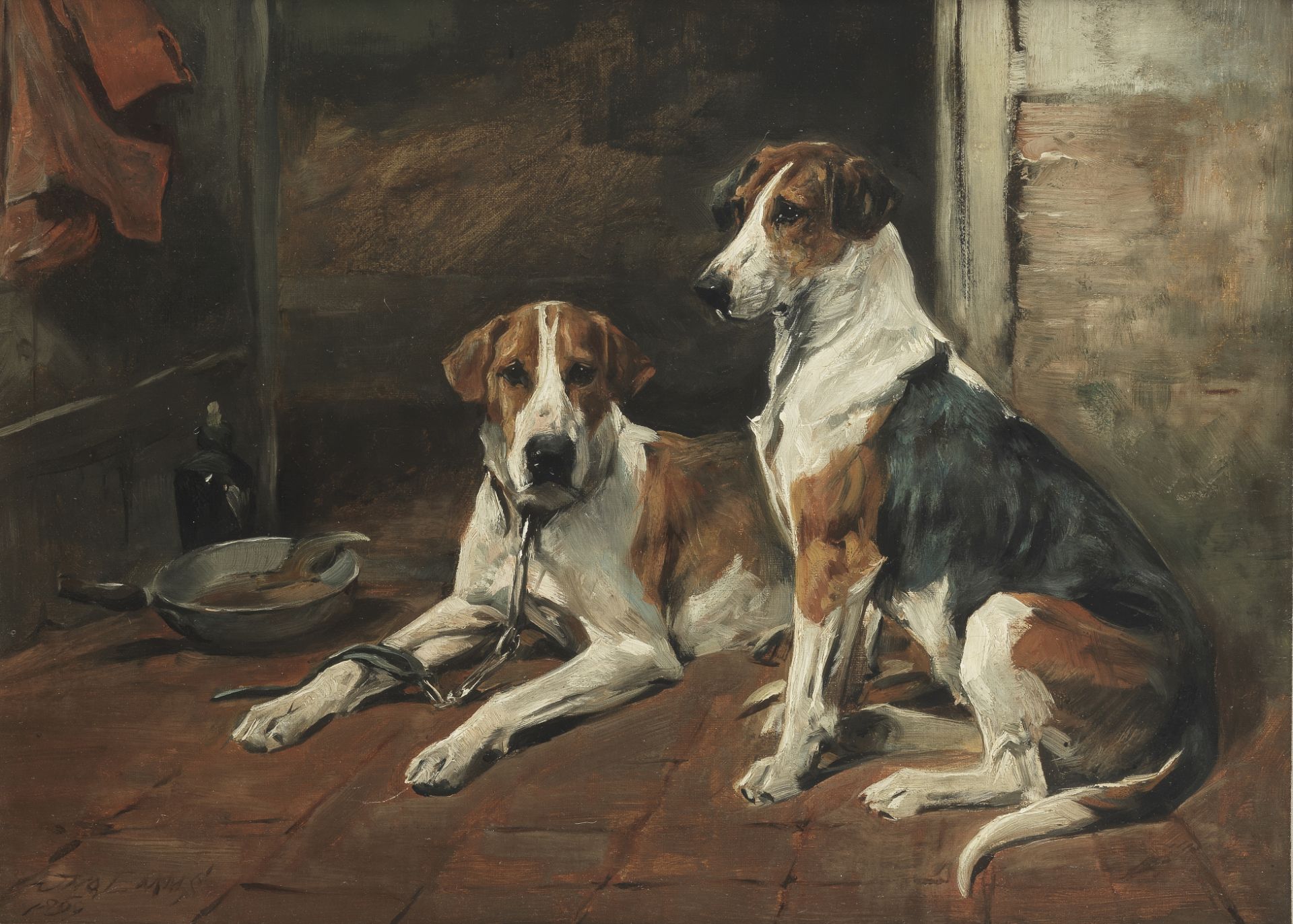 John Emms (British, 1843-1912) Buckhounds at rest