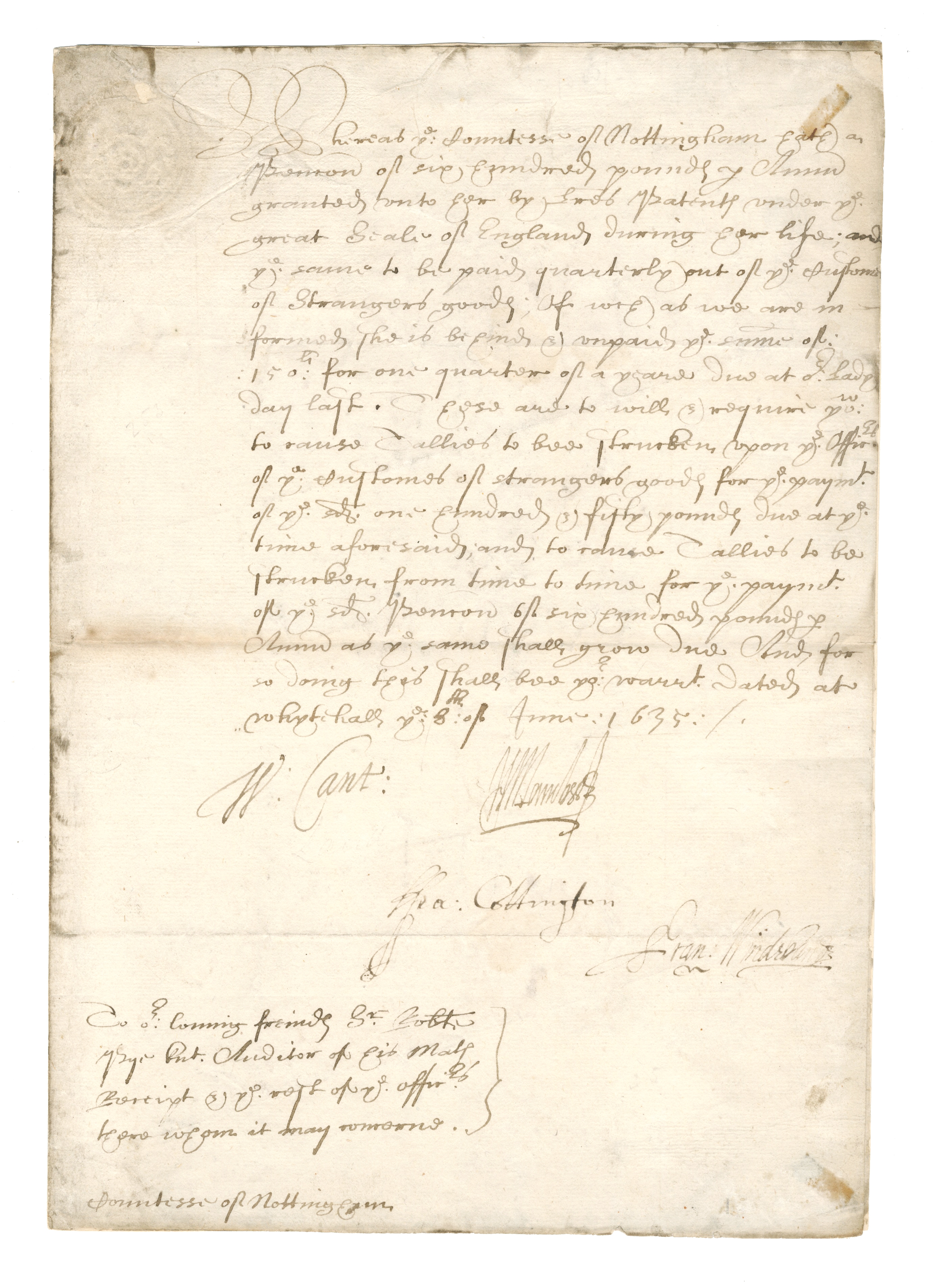 CHARLES I - PRIVY COUNCIL Document signed by William Laud (Archbishop of Canterbury), Whitehall,...
