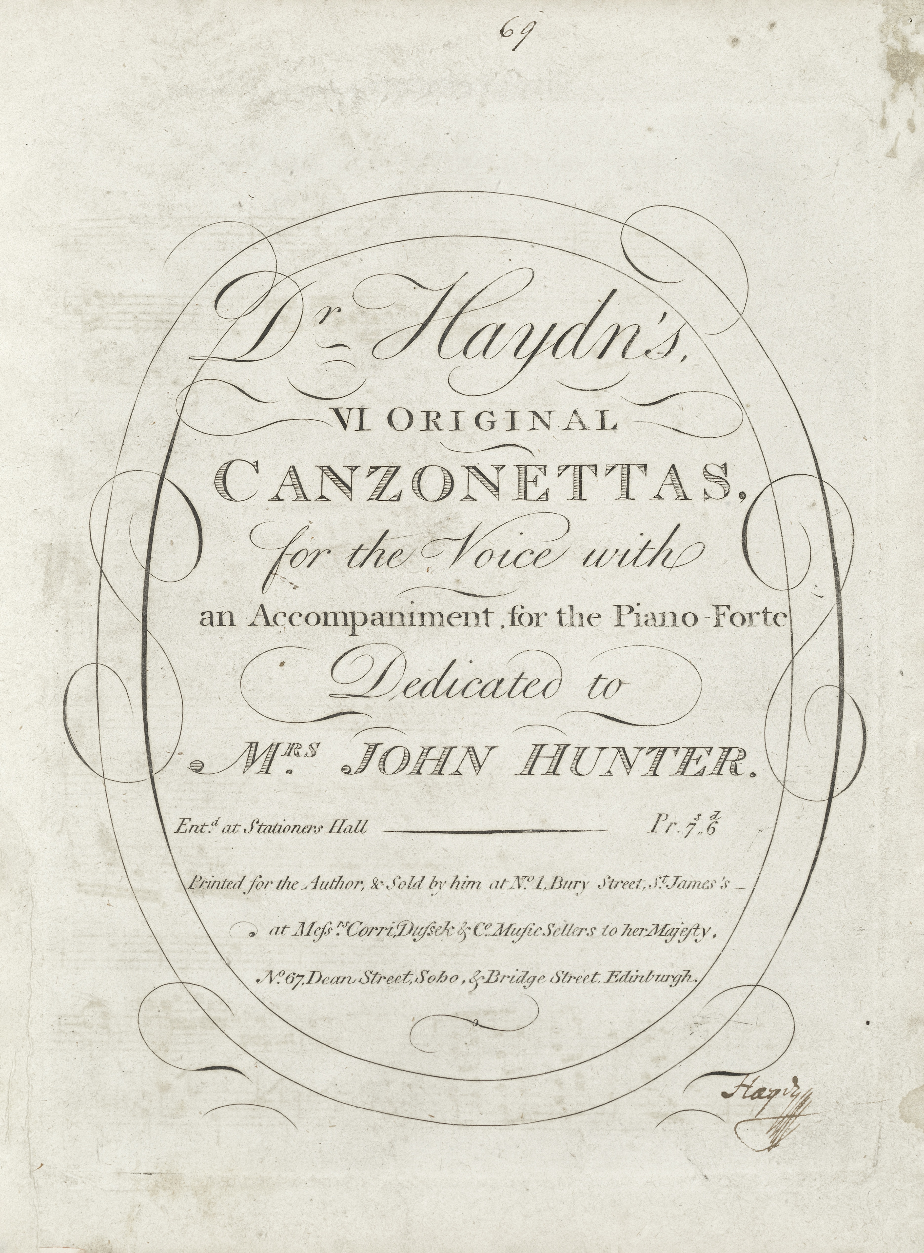 MUSIC - HAYDN (JOSEPH) Dr Haydn's VI Original Canzonettas, for the Voice with an Accompaniment fo...