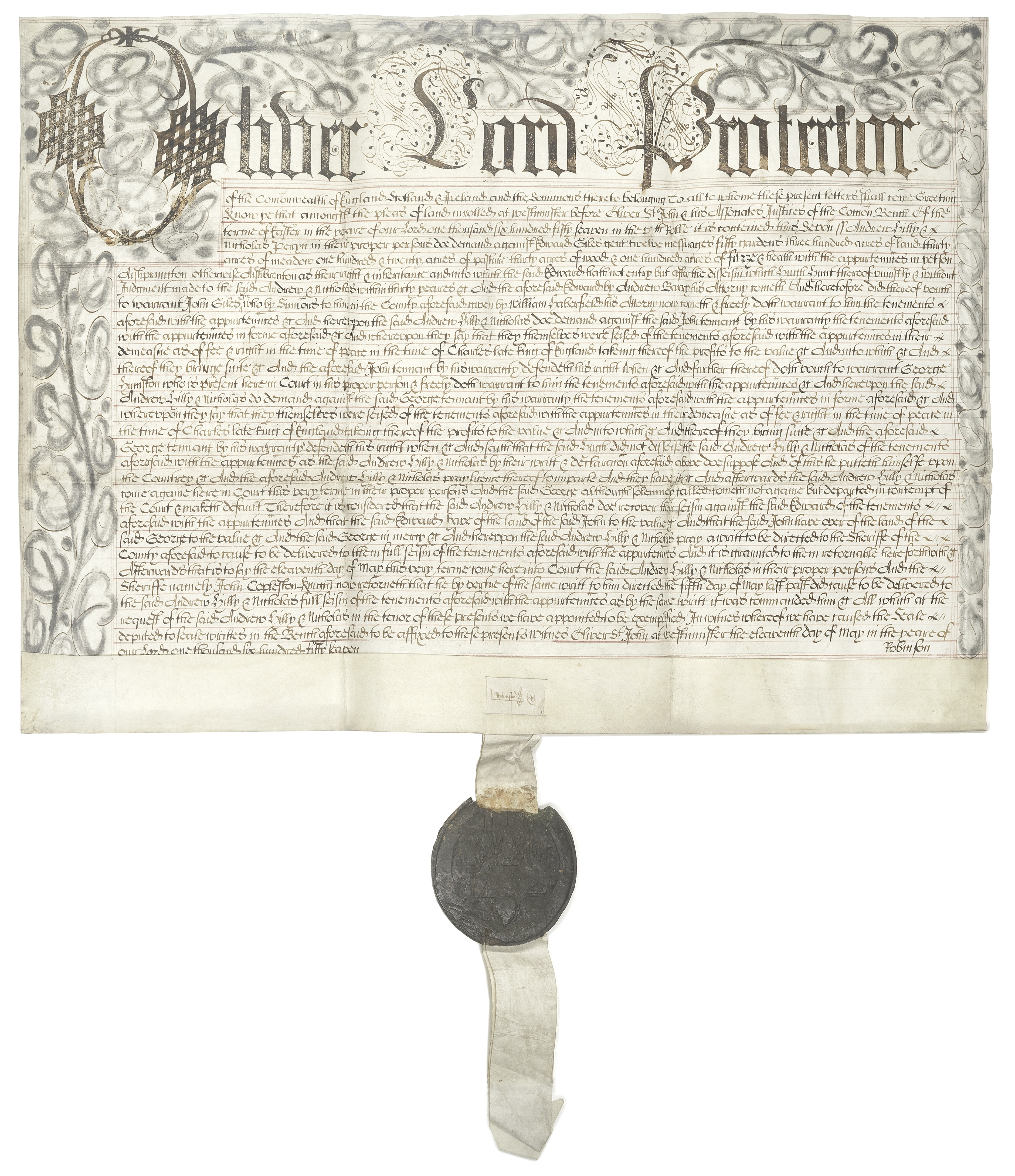 CROMWELL (OLIVER) Document in his name 'inrolled at Westminster before Oliver St. John & his asso...