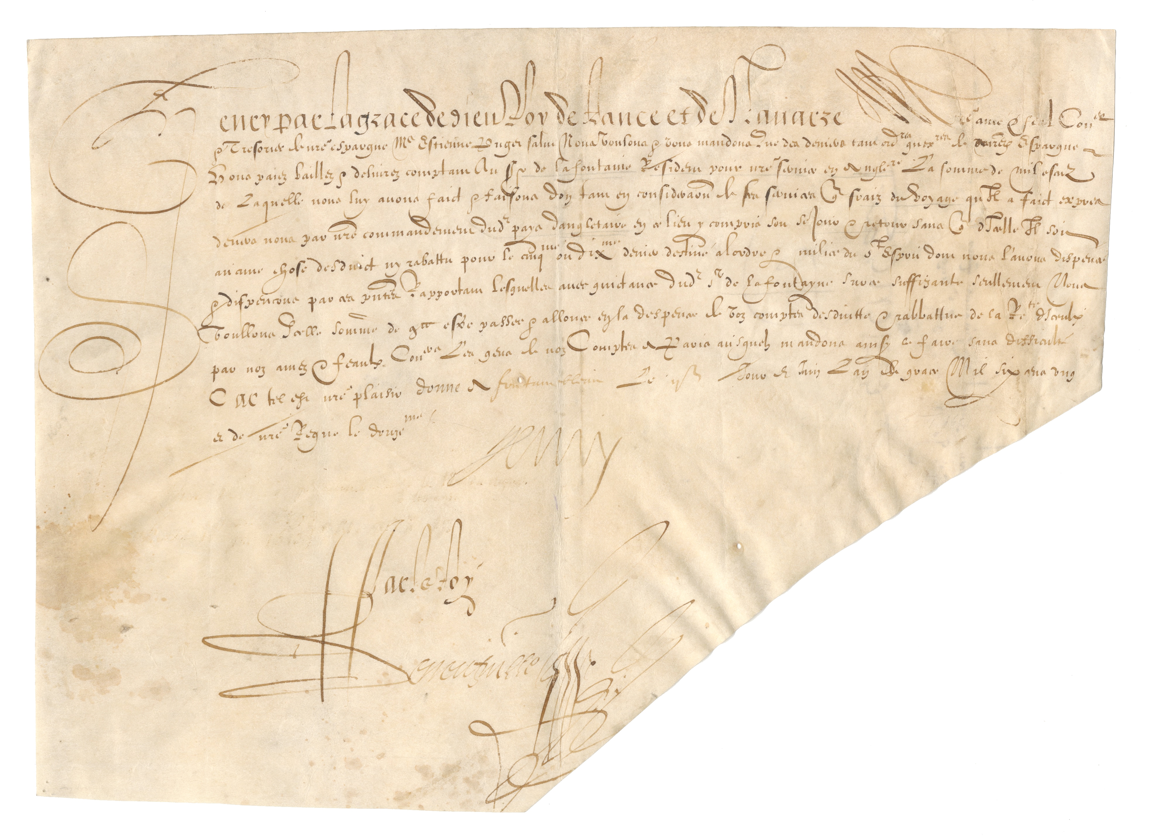 HENRI IV OF FRANCE Order signed ('Henry'), to the treasurer of the exchequer M. Estienne, Fontai...