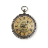 Bayes, London. A very fine and rare gilt metal key wind open face pocket clock watch with alarm a...