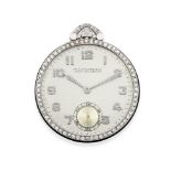 Patek Philippe. A platinum and diamond set keyless wind open face pocket watch with Hollywood ins...