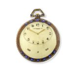 Haas Neveux & Cie, Geneve. An 18K gold and enamel keyless wind open face triple calendar pocket w...