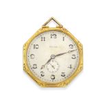 Vulcain. An 18K gold and enamel keyless wind octagonal form open face pocket watch Circa 1920