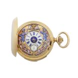 LeCoultre & Co. An 18K gold and polychrome enamel keyless wind minute repeating jacquemart full h...