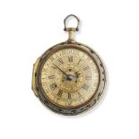 J. De Charmes, London. A gilt metal key wind open face pocket watch with repeat and alarm Circa 1700