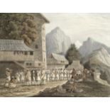 James Baillie Fraser (British, 1783-1856) 'Assemblage of Hillmen'; with 2 further views hand-colo...