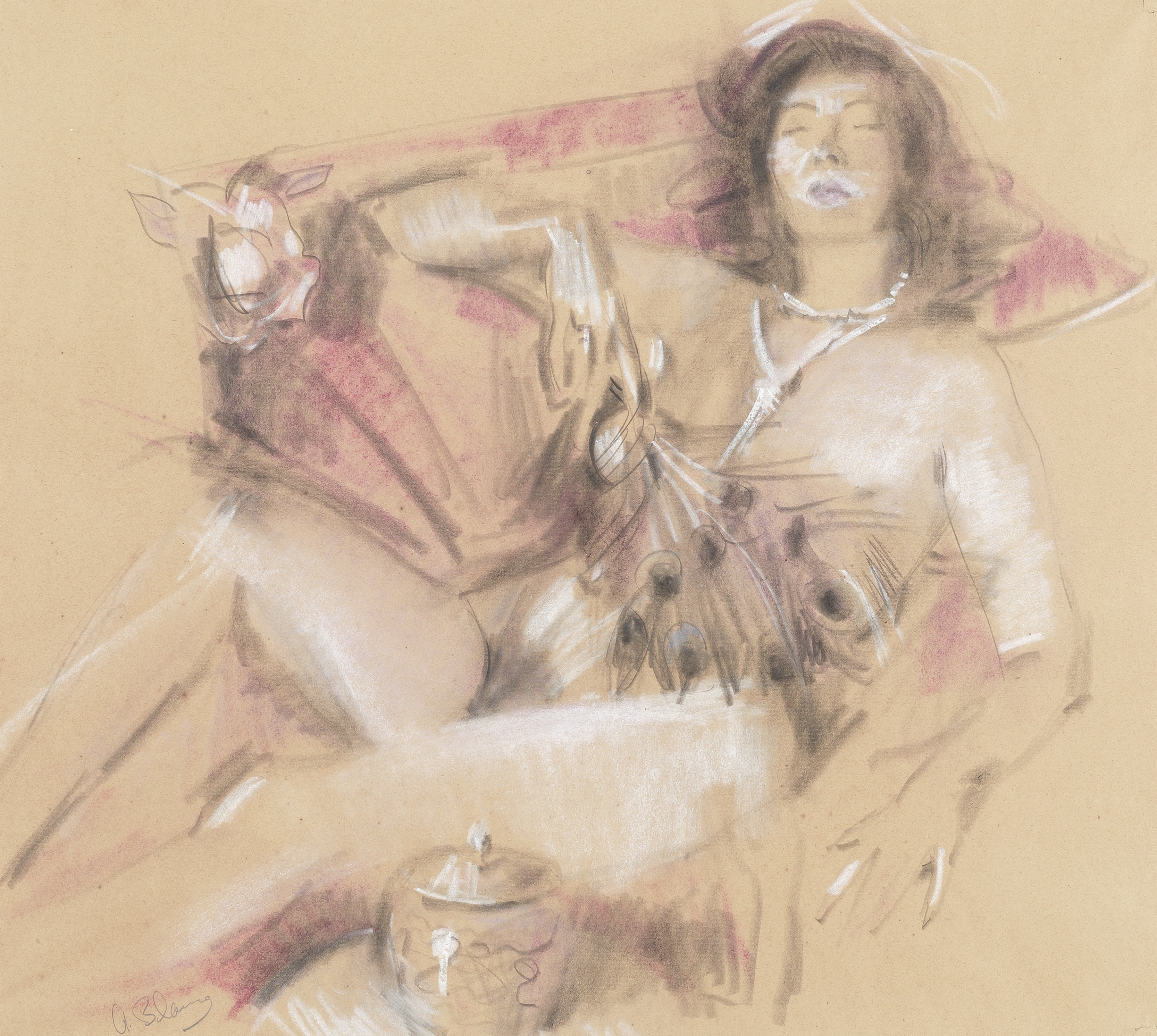Antonio Blanco (Filipino, 1912-1999) Reclining female nude with peacock feather