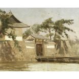 John Varley Jnr. (British, 1850-1933) A Japanese city wall and gate