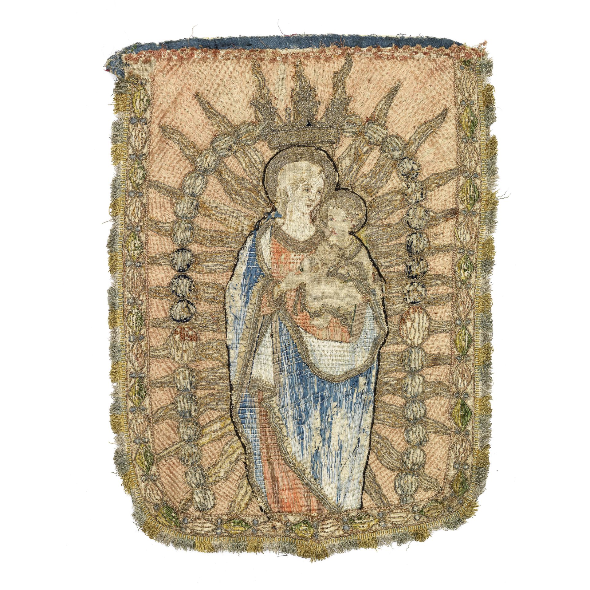 A 16th century banner applied with figures of the virgin and child Probably Italian