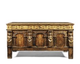 A late Elizabeth I carved oak and fruitwood marquetry coffer Late 16th/early 17th century