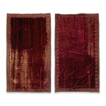 A pair of red silk velvet wall hangings Italian ((2))