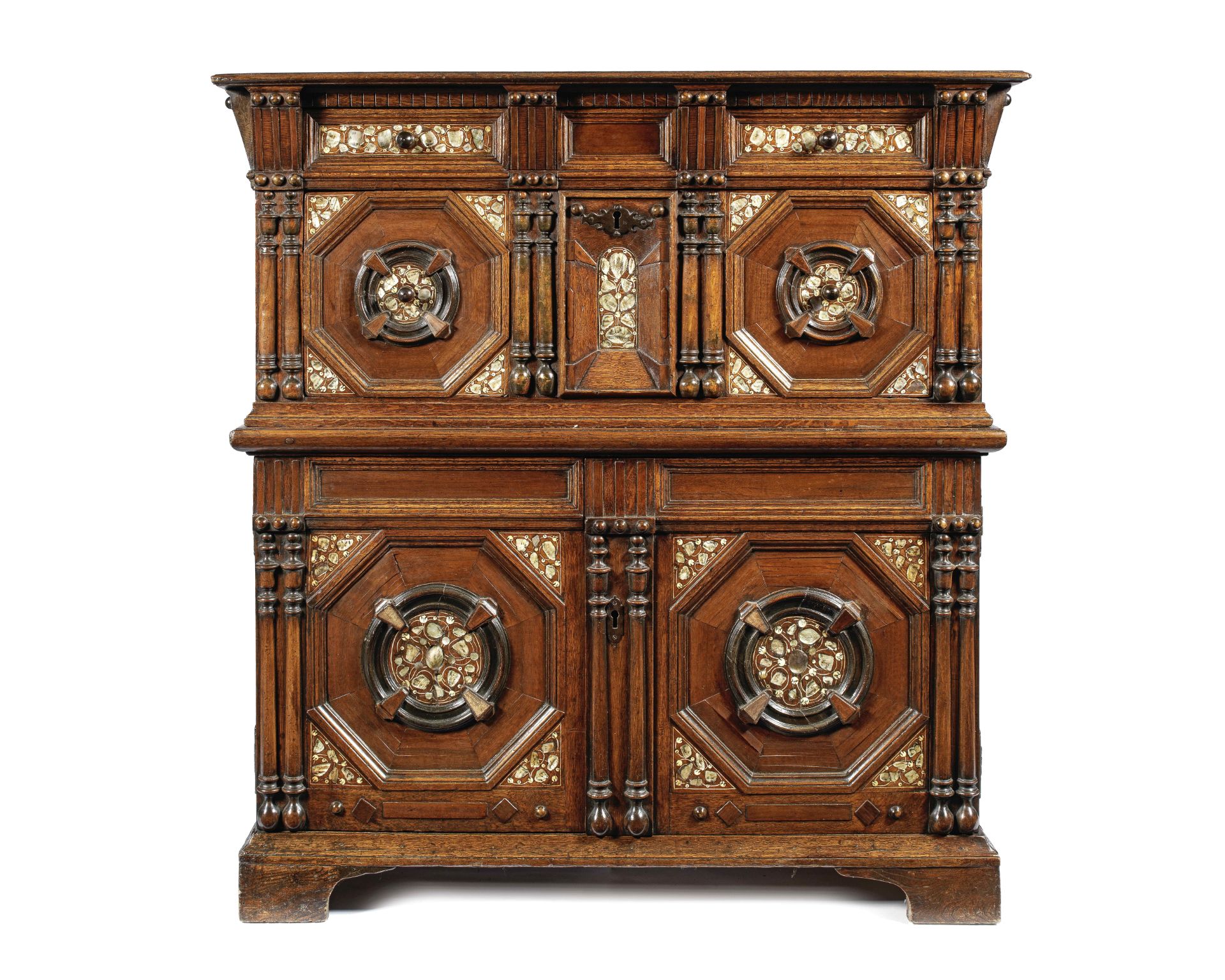 A documented 17th century oak and walnut enclosed chest-of-drawers