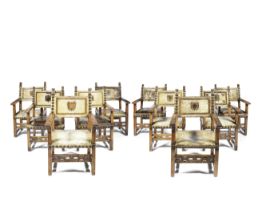 An assembled set of ten Italian walnut and leather upholstered armchairs Part-17th century and la...