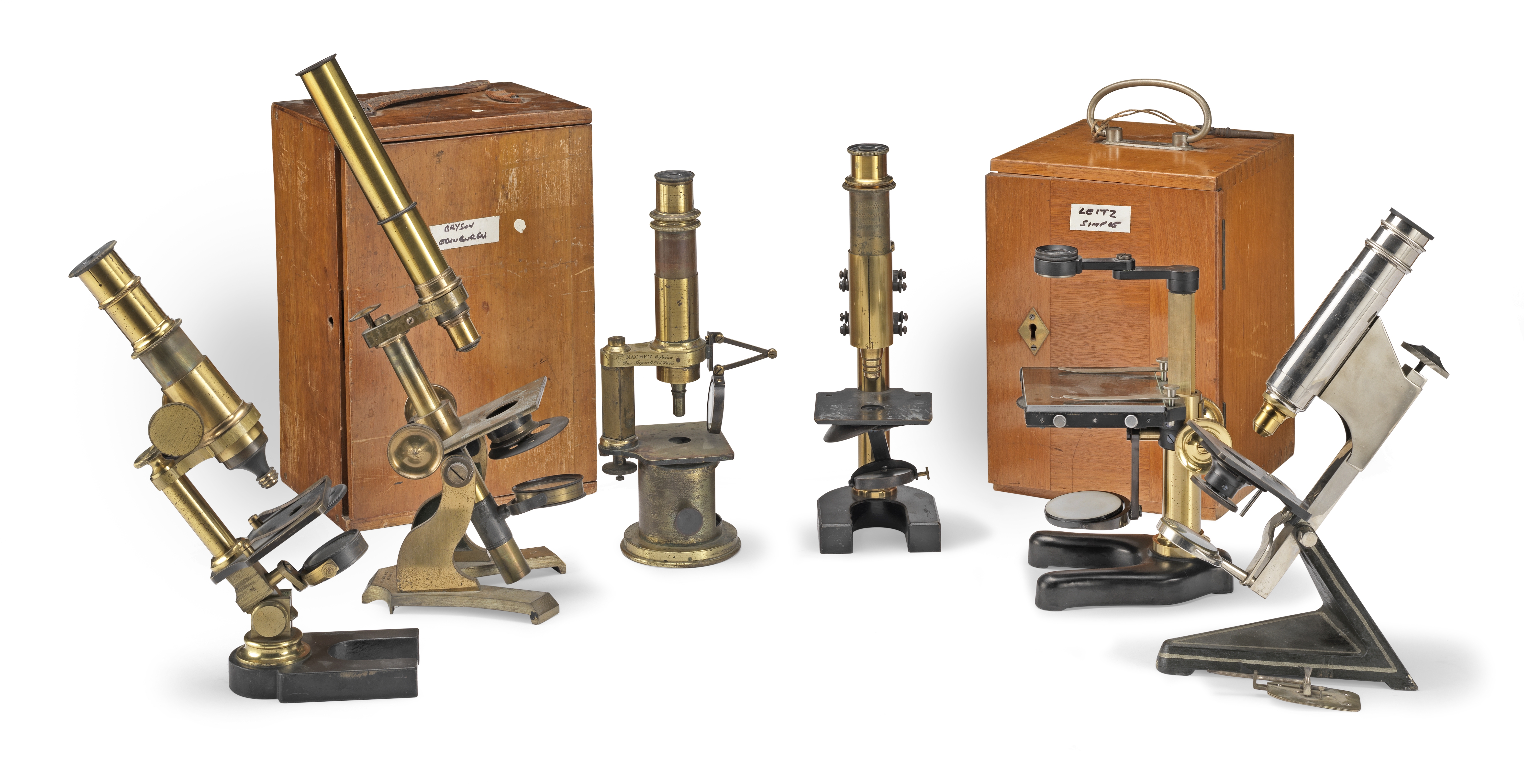 A Collection of Six Monocular Microscopes, late 19th and early 20th century, (6)