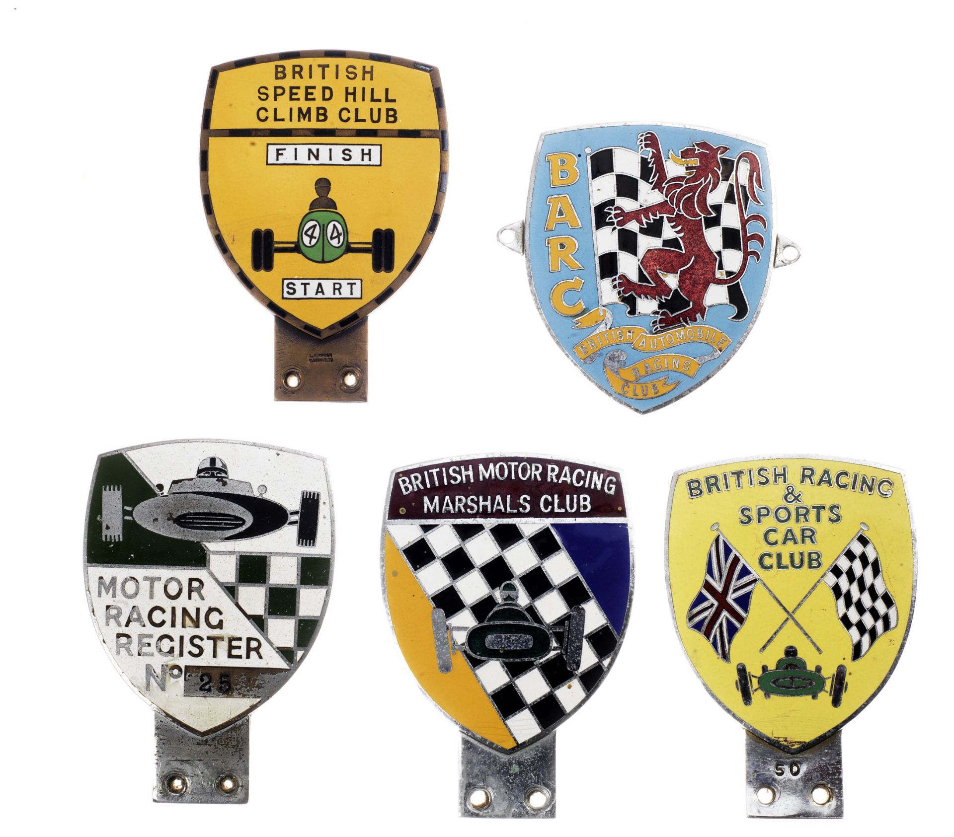 Five British racing enamel shield badges, ((5))