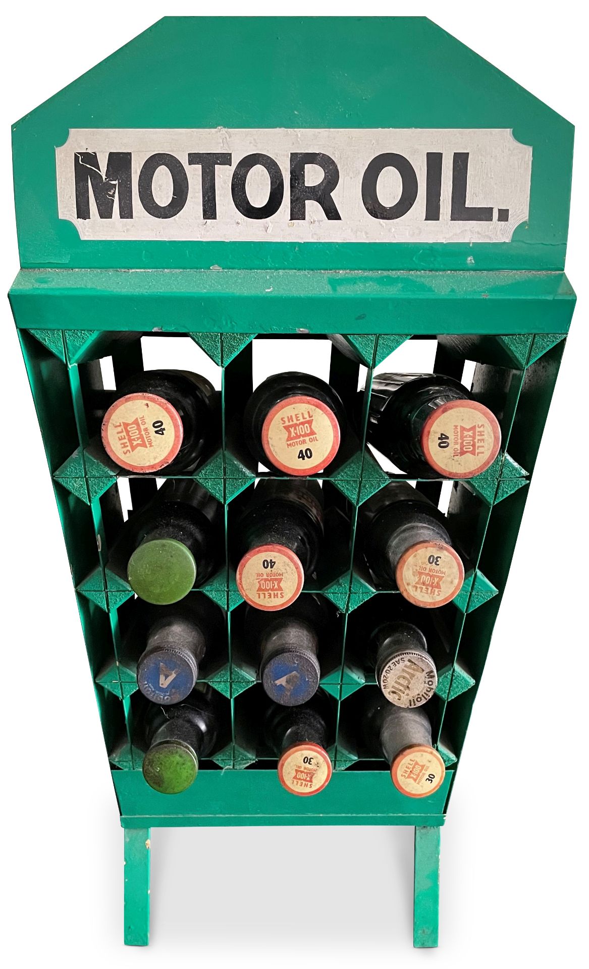 A forecourt 'Motor Oil' bottle rack,