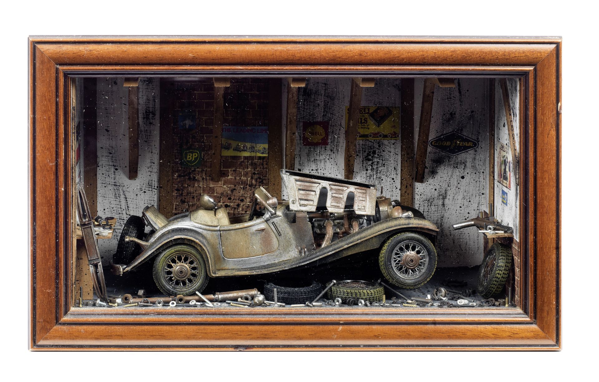 A Mercedes-Benz 500K garage diorama by Classic Car Art Ltd,