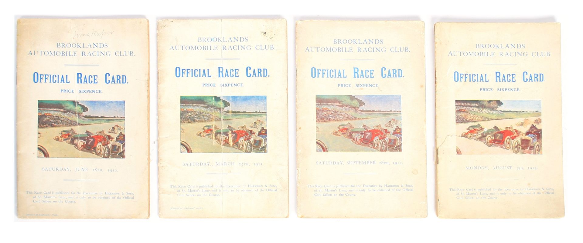 Four Brooklands Official Race Cards for 1910, 1911, 1912 & 1914, ((4))
