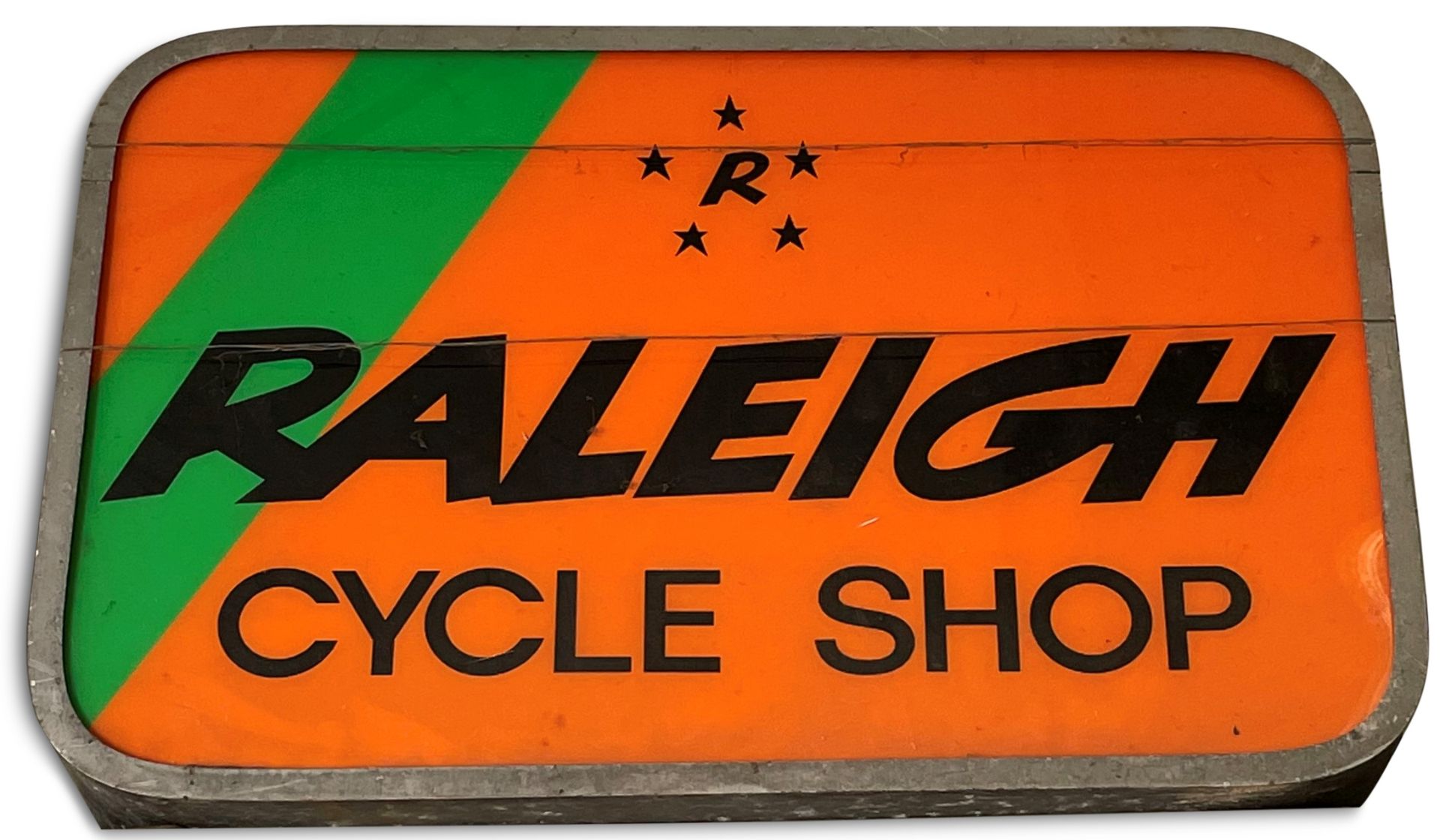 A Raleigh cycle shop illuminated double sided sign,