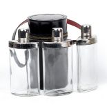 A leather-cased travelling set of three sprits flasks,