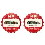 Two 'HP Baked Beans' hand-painted fibreglass garage display signs celebrating Cooper and Lotus ra...
