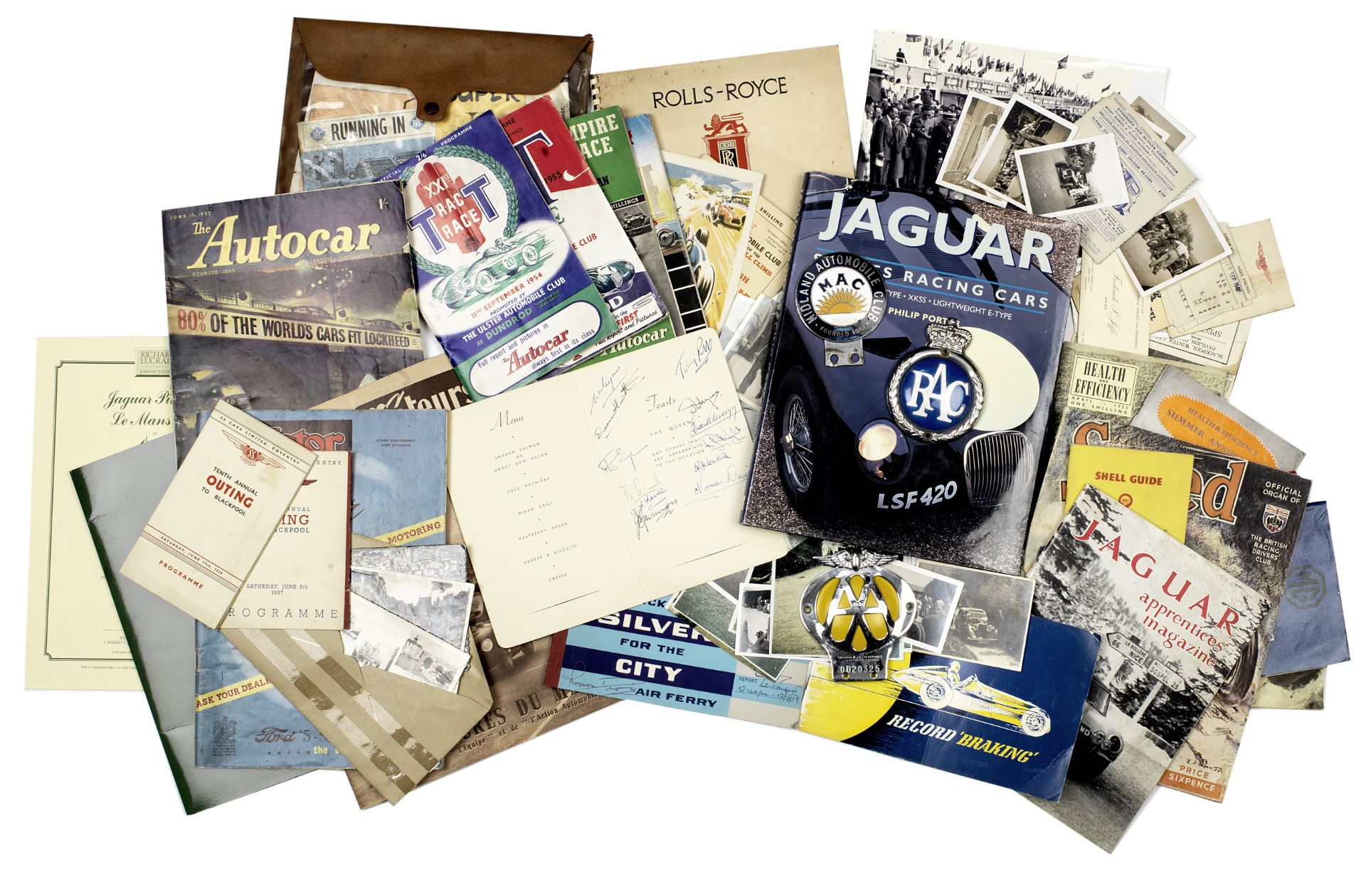 Assorted post-War racing memorabilia including a 1953 Jaguar Le Mans dinner menu signed by team d...
