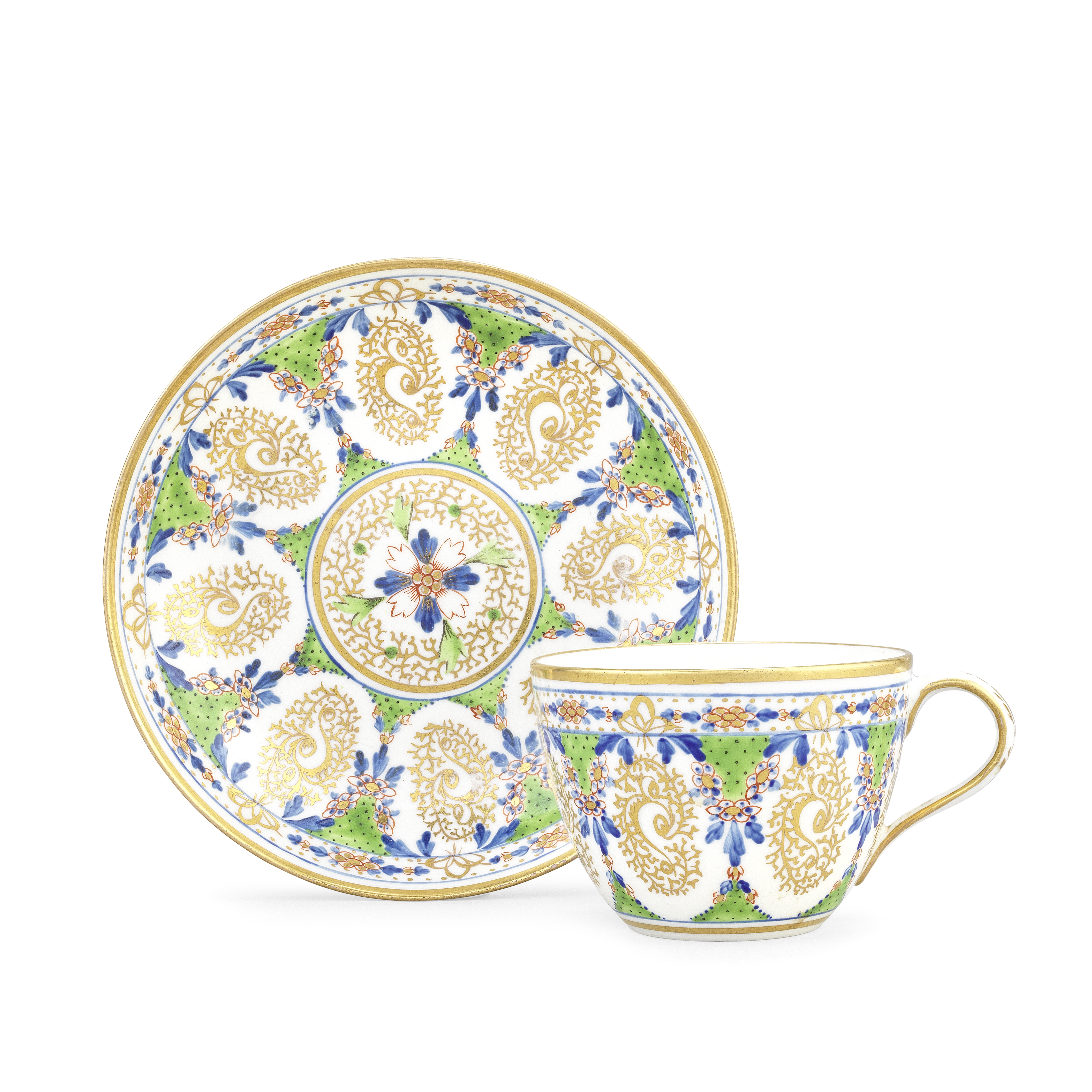 Three Pinxton teacups and saucers, circa 1800