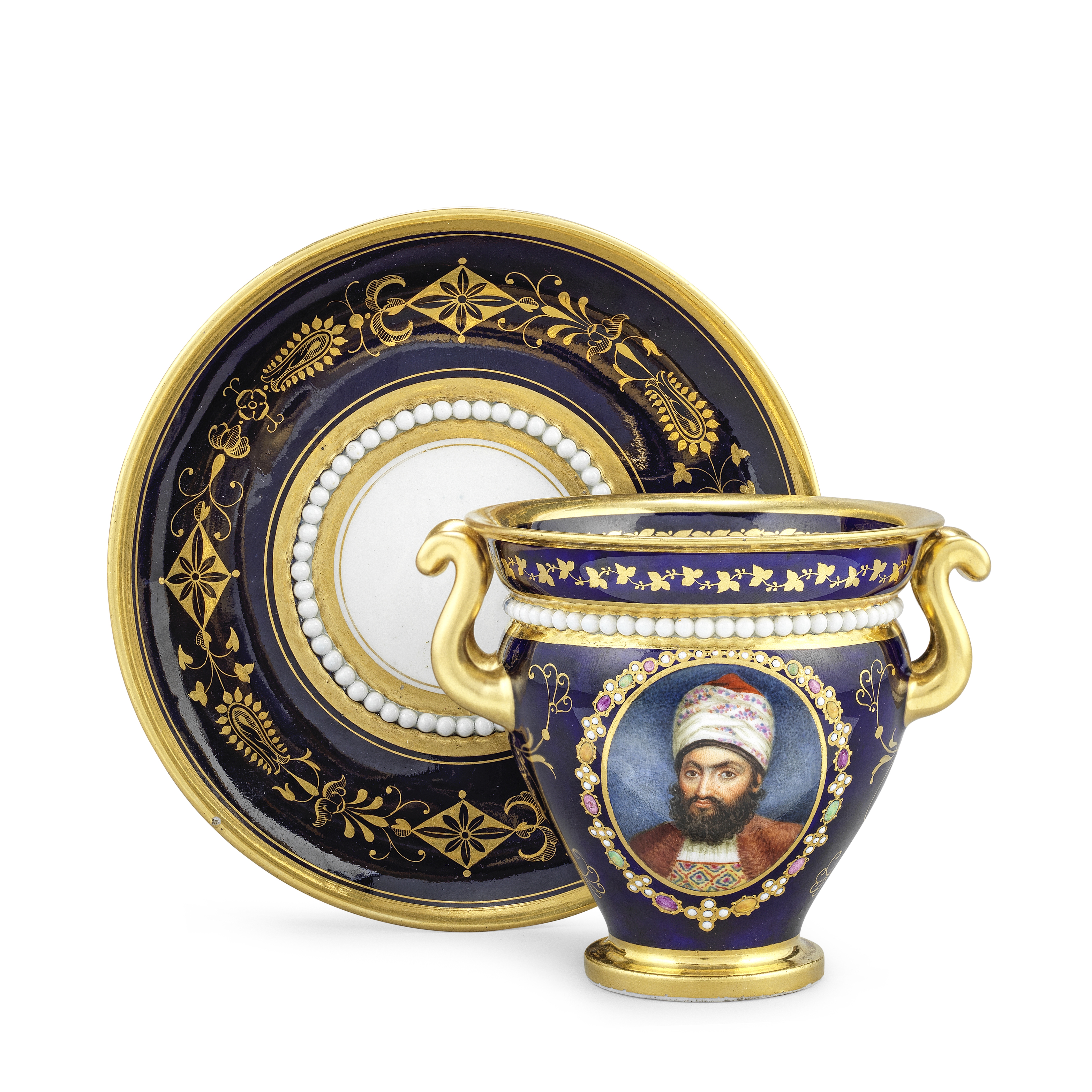 A Flight, Barr and Barr Worcester cabinet cup and stand by Thomas Baxter, circa 1814-16