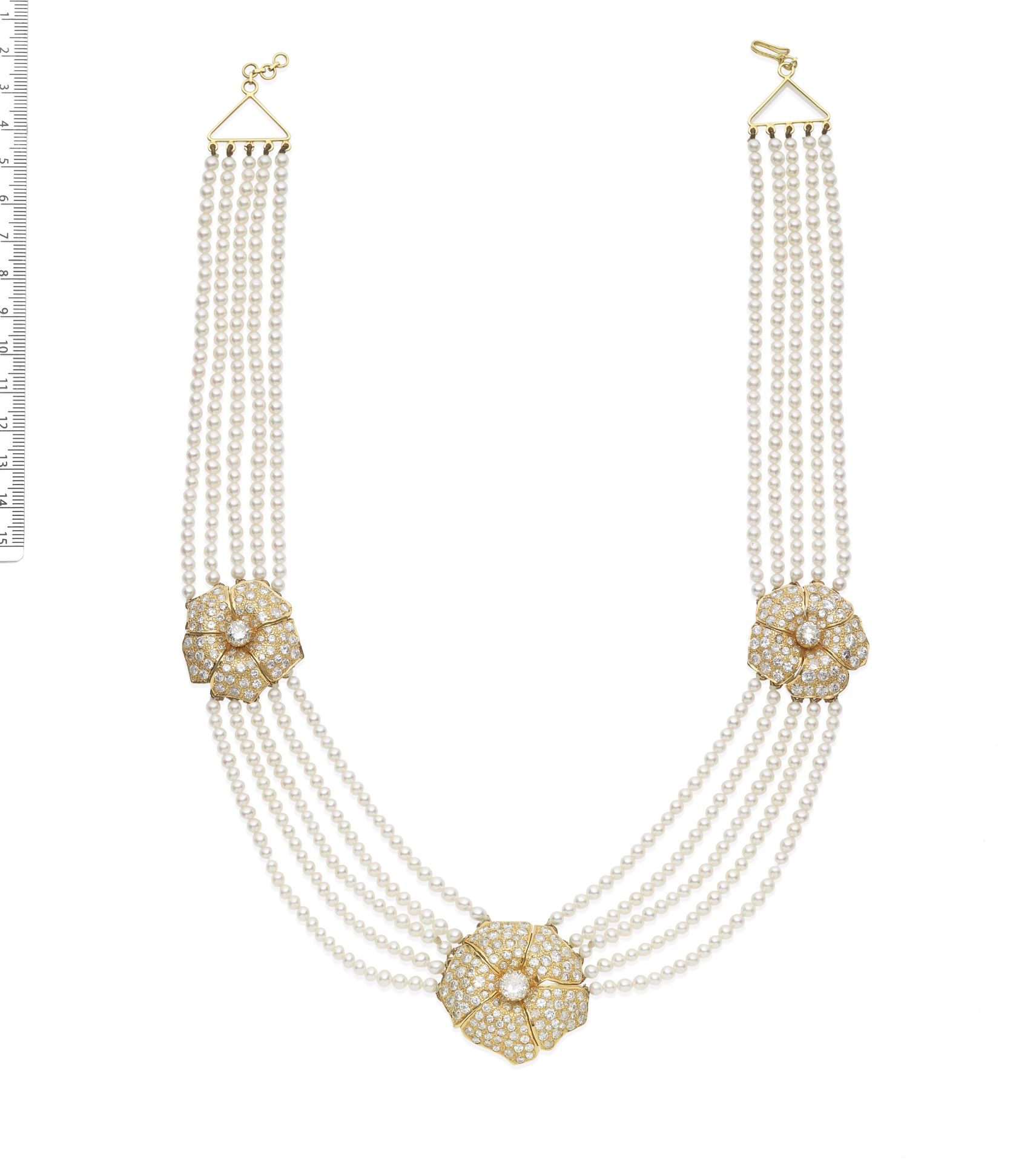 DIAMOND AND CULTURED PEARL NECKLACE, BRACELET AND EARRING SUITE (3)