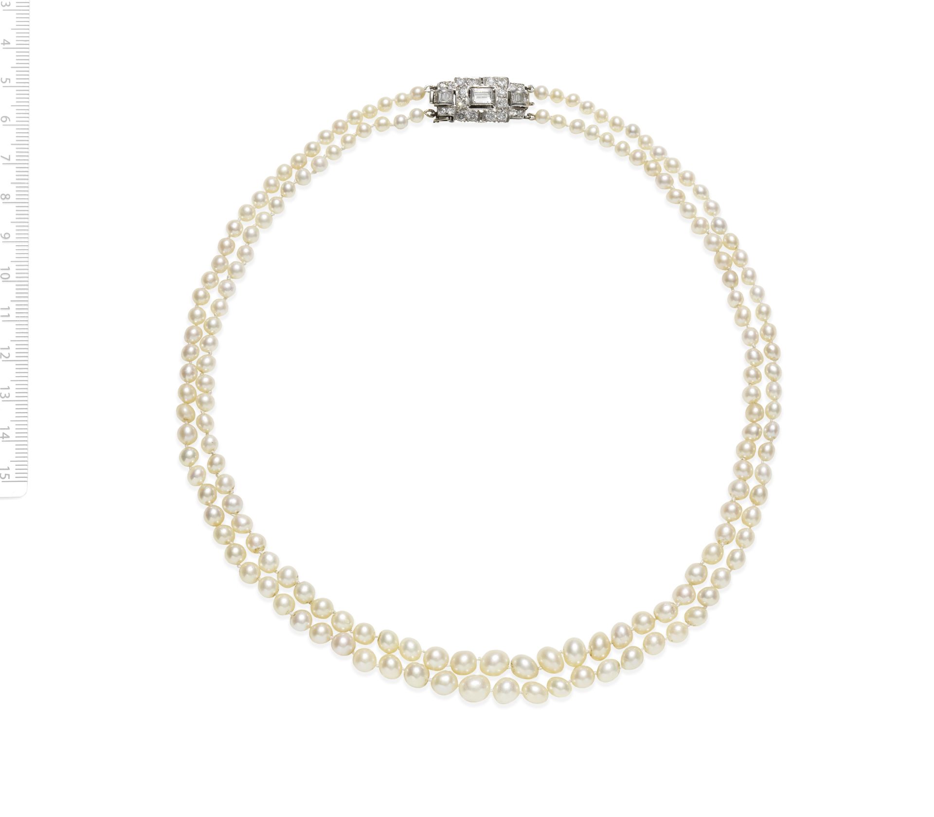 ART DECO TWO-ROW NATURAL PEARL AND DIAMOND NECKLACE, CIRCA 1925