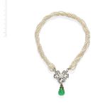 NATURAL PEARL, EMERALD AND DIAMOND TORSADE NECKLACE