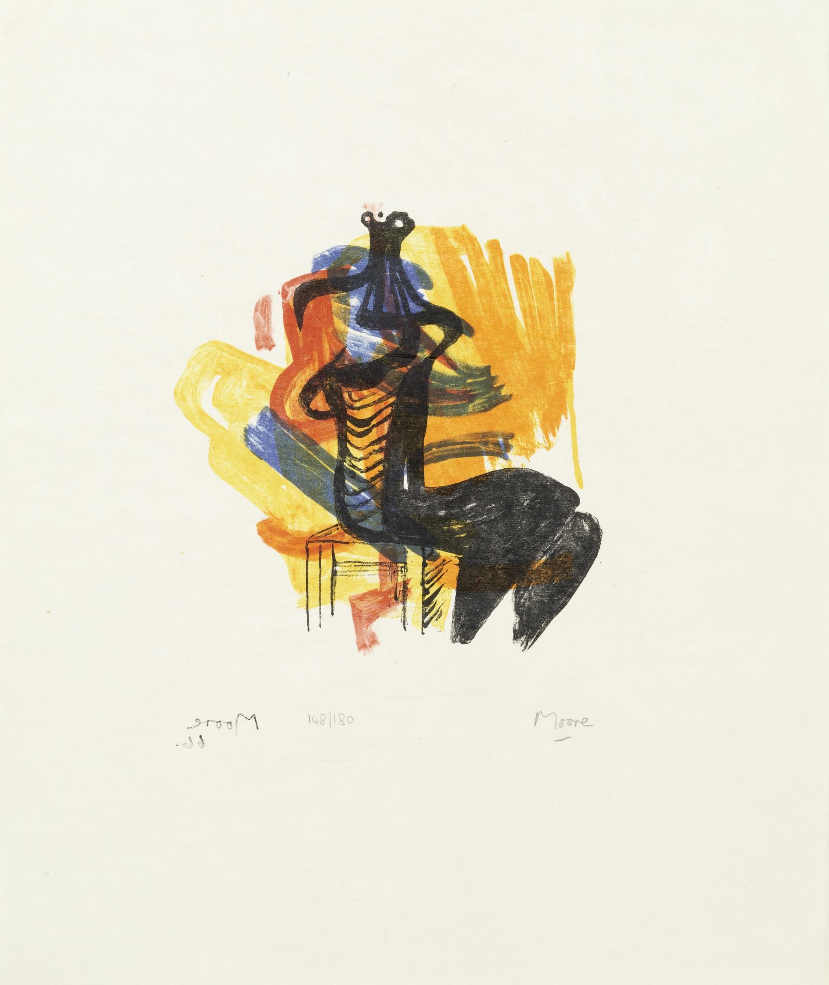 Henry Moore O.M., C.H. (British, 1898-1986) Black Seated Figure on Orange Ground, from 'Shelter S...
